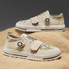 批发春季新款旋转纽扣套脚板鞋时尚布面透气舒适运动草编厚底<b class='q'>复古</b>男鞋