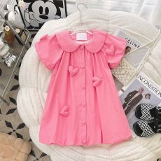 批发<b class='q'>女童</b>衬衫<b class='q'>连衣裙</b>夏季2025年新款森系娃娃领爱心洋气短袖泡泡袖裙子