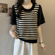 批发实拍 胖妹妹夏装大码女装新款显瘦遮肚子<b class='q'>雪纺</b>拼接<b class='q'>短袖</b><b class='q'>T</b><b class='q'>恤</b>正肩上衣