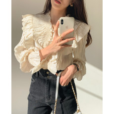 批发chic <b class='q'>韩国</b>秋季法式新款优雅气质v领褶皱荷叶边柔顺衬衫上衣
