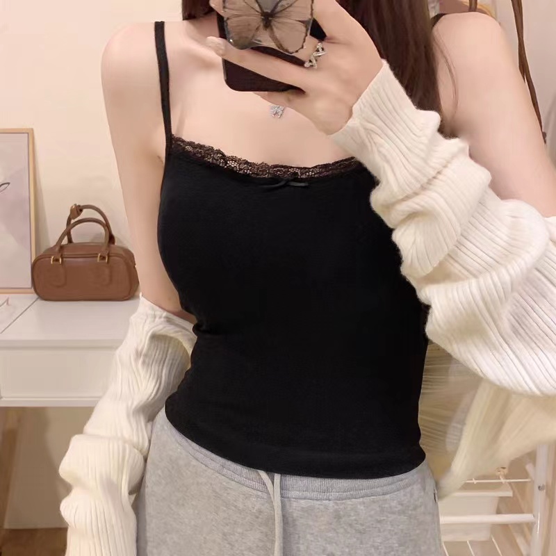 ~春夏新款甜辣純欲多巴胺蕾絲蝴蝶結吊帶內搭固定胸墊背心女