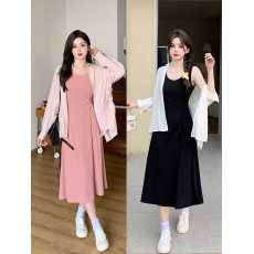 批发法式吊带套装女2025秋季新款外穿防晒衬衫+收腰吊带连衣裙两件套