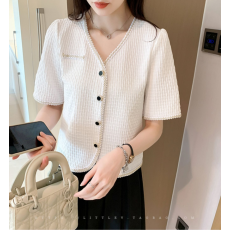 批发夏季新款大码女装胖MM法式气质小香风宽松短款V领上衣 M-4XL200斤