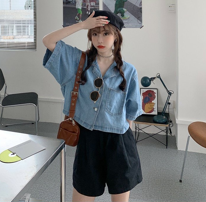 夏装新款大码短袖牛仔外套衬衫大码女装短款宽松衬衣S-5XL200斤