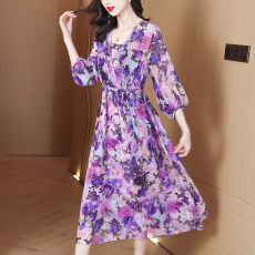 批发2026新款田园淑女超修身长裙中长裙植物花卉雪纺<b class='q'>连衣裙</b>