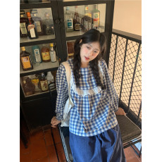 批发实拍~～学院风蕾丝花边时尚洋气格子<b class='q'>衬衫</b>圆领减龄娃娃衫