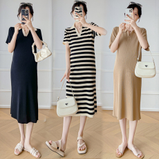 批发实拍<b class='q'>孕妇装</b>夏季复古条纹polo领中长款<b class='q'>时尚</b>显瘦气质冰丝连衣裙