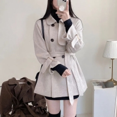 批发chic 秋<b class='q'>冬</b>韩版法式小众翻领系带复古风衣毛呢外套大衣