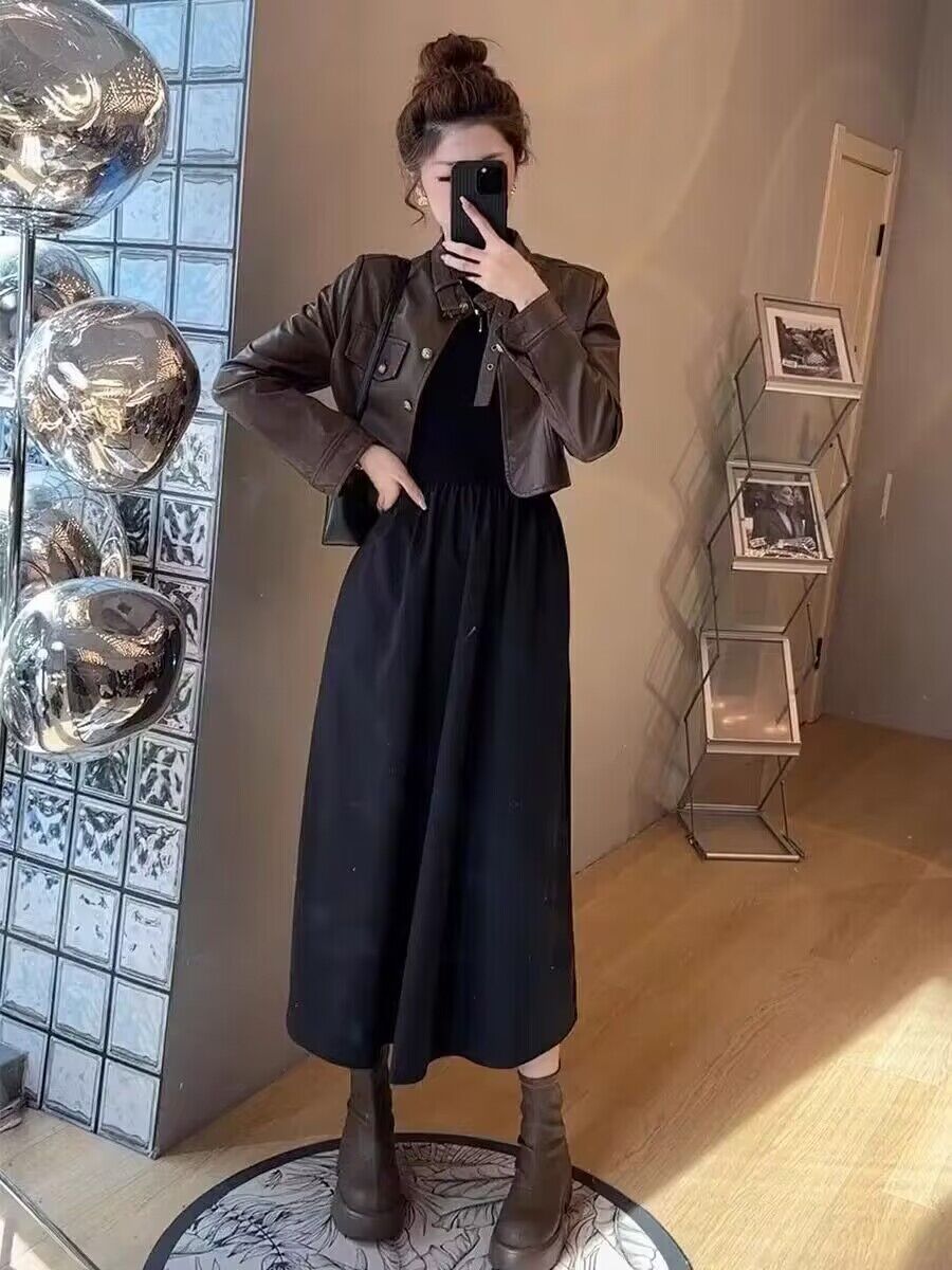 百搭時尚休閒設計感立領皮衣短外套女2024春秋新款外套+裙子套裝
