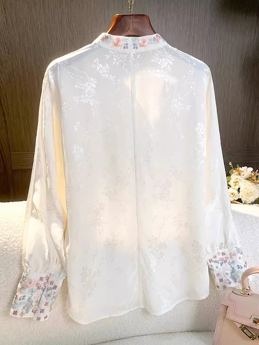 新中式國風白色刺繡復古襯衫女2024春季新款禪意盤扣唐裝漢服上衣