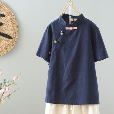 批发实拍图复古风2026夏季新款斜襟盘扣短袖糖果色扣子唐装上衣女夏