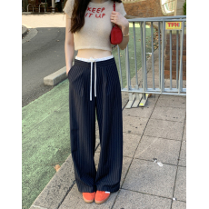 批发尺寸已更新 <b class='q'>韩国</b>chic 法式撞色拼接百搭条纹阔腿西裤休闲裤