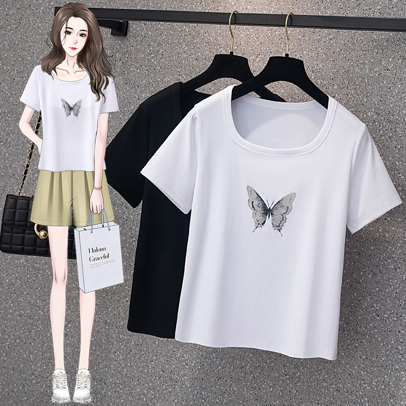 RY70094# 实拍大码女装2026新款简约u型领印花t恤女胖mm宽松显...