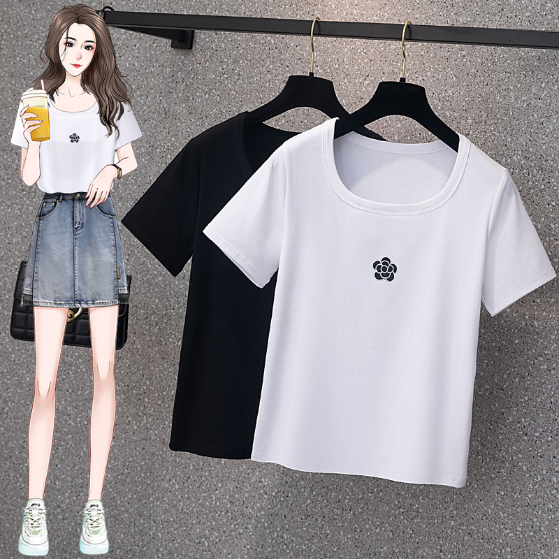 RY70095# 实拍大码女装韩版简约u型领绣花t恤女胖mm宽松百搭显瘦纯色上衣夏