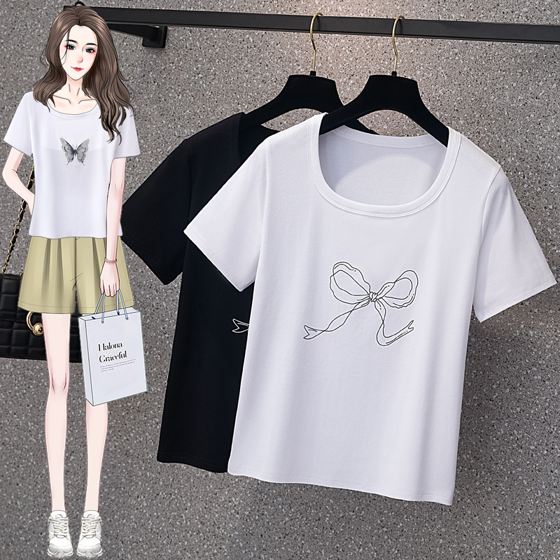 RY70104# 实拍大码女装韩版简约蝴蝶结套头t恤女胖mm宽松百搭简约上衣夏季