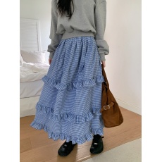批发有货 韩国chic<b class='q'>复古</b>气质木耳边格子公主半身裙度假风长款蛋糕裙子