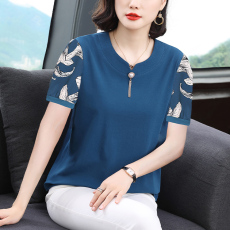 批发2026春装短袖孔雀蓝t恤衫中老年妈妈宽松体恤大码印花上衣服