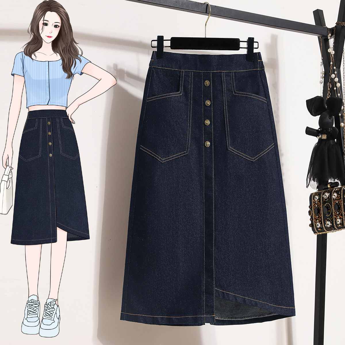 MY17509# 大码深蓝色弹力牛仔半身裙女胖MM中长款高腰A字开叉裙子女...