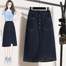 批发实拍春款大码深蓝色弹力牛仔半身裙女胖MM中长款高腰A字开叉裙子