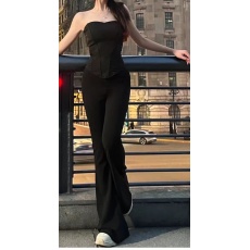 批发辣妹鱼骨抹胸黑色背心女春季微喇叭休闲裤拖地长裤子御姐风两件套
