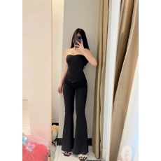 批发辣妹鱼骨抹胸黑色背心女春季微喇叭休闲裤拖地长裤子御姐风两件套