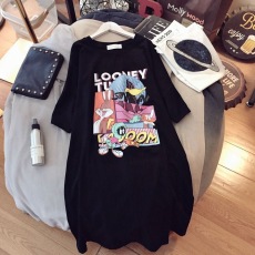 批发仿棉<b class='q'>牛奶</b><b class='q'>丝</b>#夏季新款时尚个性开叉印花T恤长裙过膝<b class='q'>连衣裙</b>跨境跑量