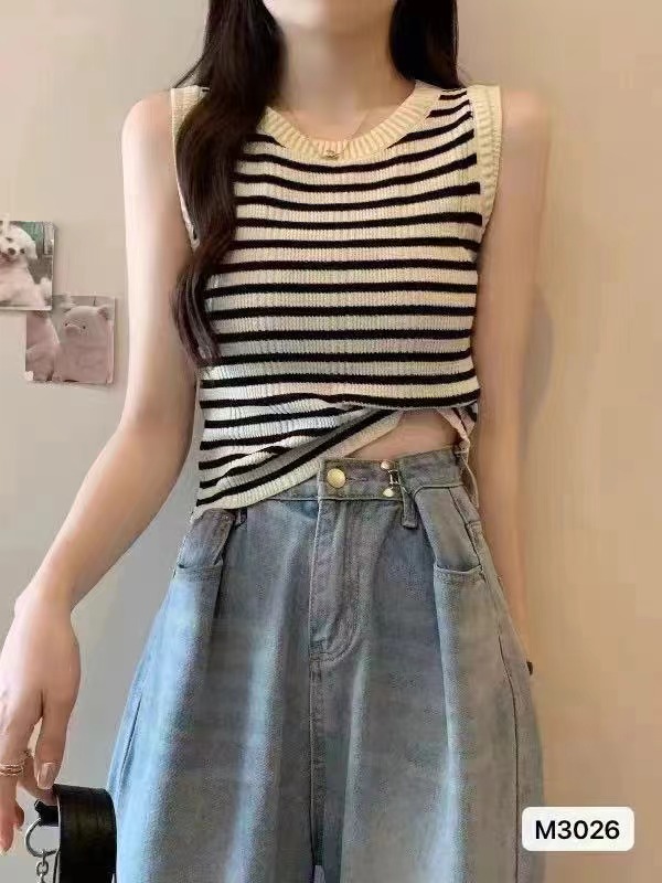 條紋吊帶背心女針織打底無袖夏季新款甜辣修身百搭撞色上衣女