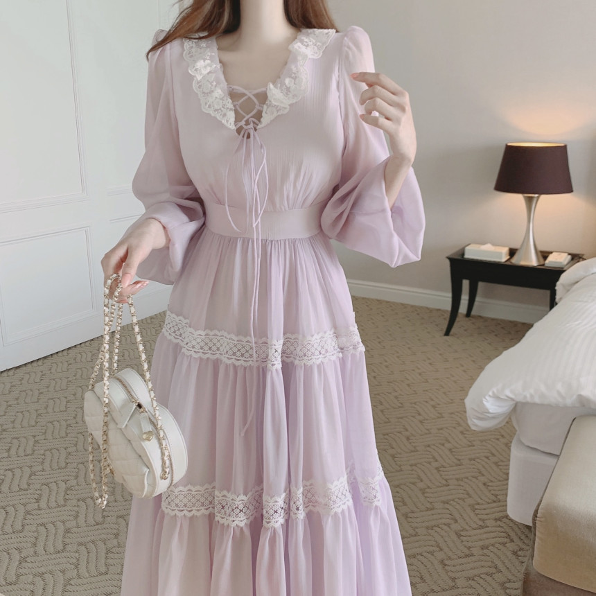 LN22155# 韩版INS法式气质温柔显瘦设计感紫色长裙 服裝批發女裝批發服飾貨源