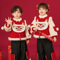 批发拜年服<b class='q'>男</b>女童套装2025冬季汉服新年中国风过年喜庆<b class='q'>唐装</b>加绒衣服潮