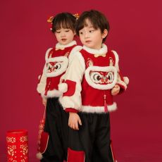 批发拜年服男女童套装2025冬季汉服新年中国风过年喜庆唐装加绒衣服潮