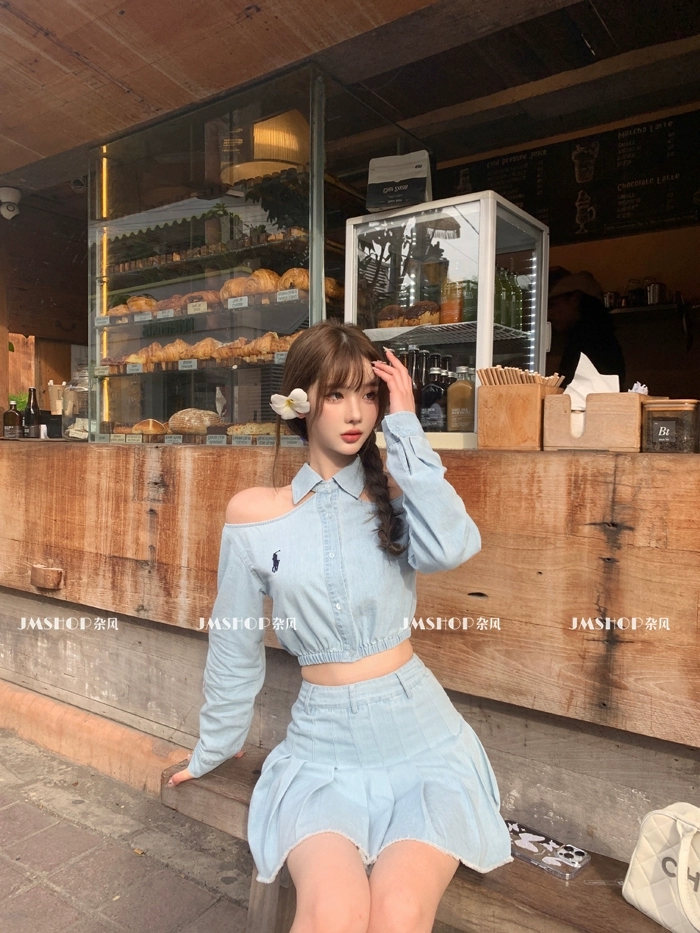 JMSHOP 薄荷甜酒 牛仔襯衫女春夏設計感淺色水洗百褶裙兩件套套裝