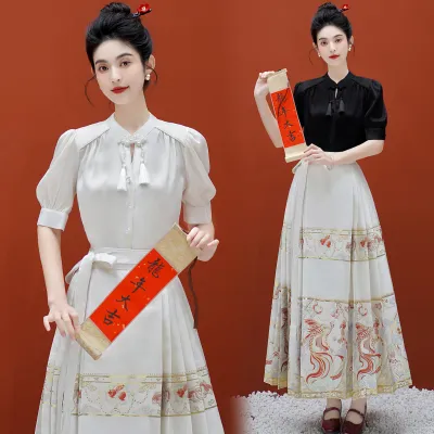 新中式国风禅意女装改良汉服长款织金刺绣马面裙日常两件套装女