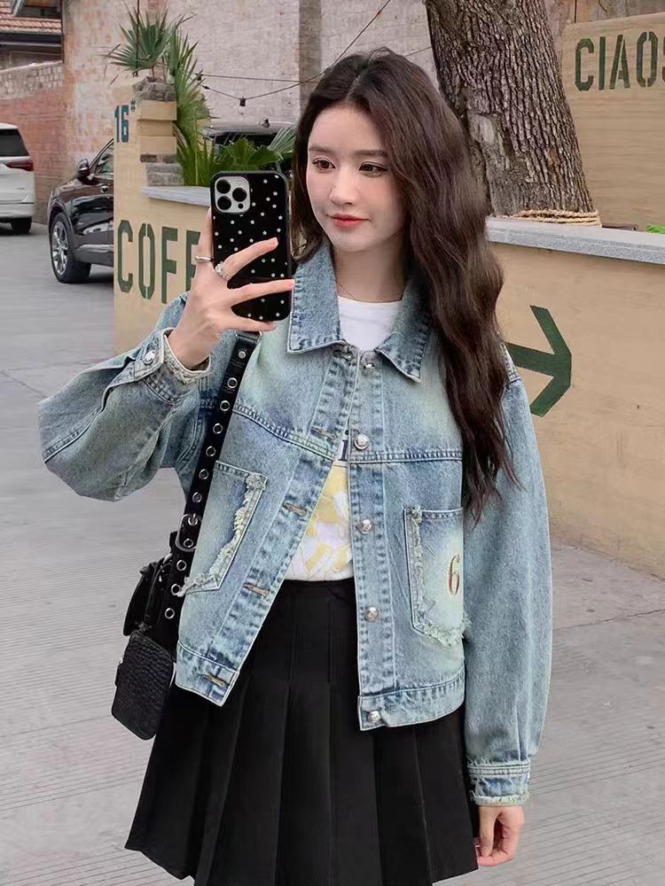 항구 바람 하늘색 데님 여성 코트 봄 가을 새로운 여성 의류 작은 키 루즈핏 오픈 가디건 짧은 재킷