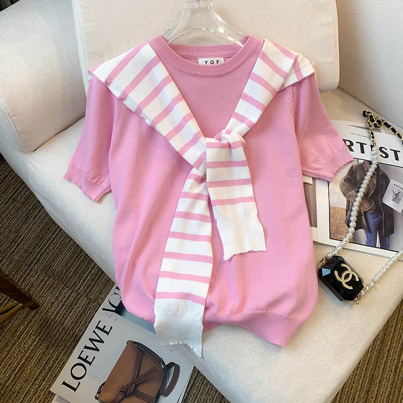 실사 대 물품 2026 봄 여름 새로운 디자인 센스 반팔 티셔츠 얇은 스타일 니트 스웨터 맨위 여성 경기 숄