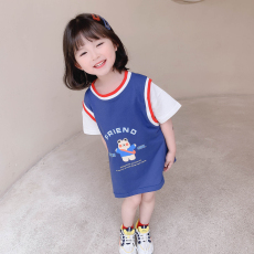 批发6535拉架棉】女童篮球服假两件<b class='q'>连衣裙</b>夏装女宝宝T恤裙子运动童装