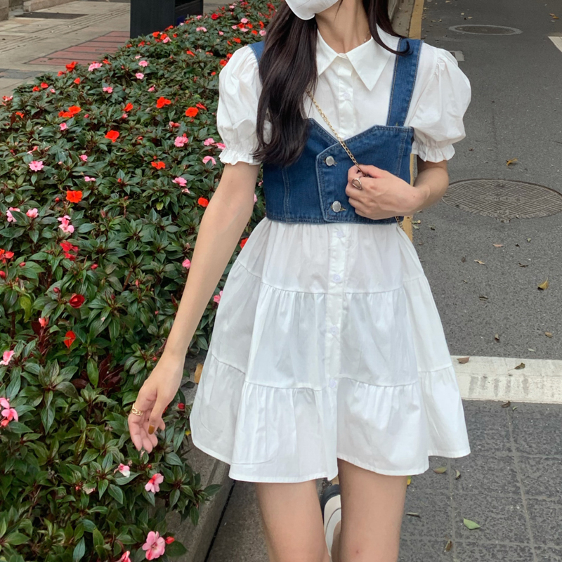 Summer two-piece set for women, new Korean style waist denim suspenders + goddess style puff sleeve dress suit skirt