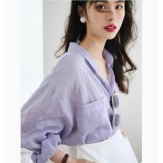 批发法式复古淡紫色上衣<b class='q'>清凉</b>亚麻面料衬衫女夏季新款防晒显白薄款衬衣