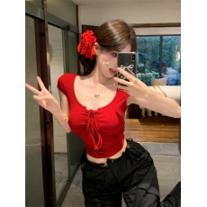 实拍实价 纯欲辣妹性感系带U领小众设计感短袖T恤上衣打底衫女