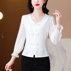 批发实拍秋季新款衬衣女长袖中国风盘扣复古雪纺小衫套头收腰气质上衣
