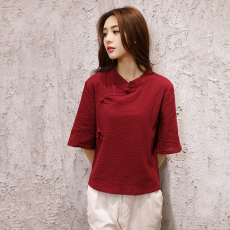 批发2026新款新中式实拍春季棉麻上衣小开衫复古五分<b class='q'>袖</b>盘扣茶服<b class='q'>t</b>恤衫