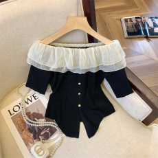 批发上实拍~一字肩宫廷<b class='q'>双层</b>荷叶边短袖针织<b class='q'>雪纺</b>衫女纯欲茶艺甜辣妹