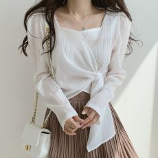 批发<b class='q'>韩国</b>chic秋季复古显瘦方领不规则系带不规则设计宽松长袖衬衫上衣