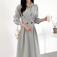 批发<b class='q'>韩国</b>chic 春季法式轻奢小众设计收腰显瘦长袖系扣气质连衣裙