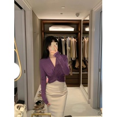 批发紫色扭结长袖v领T恤女早春季法式气质高级修身短款上衣内搭打底衫