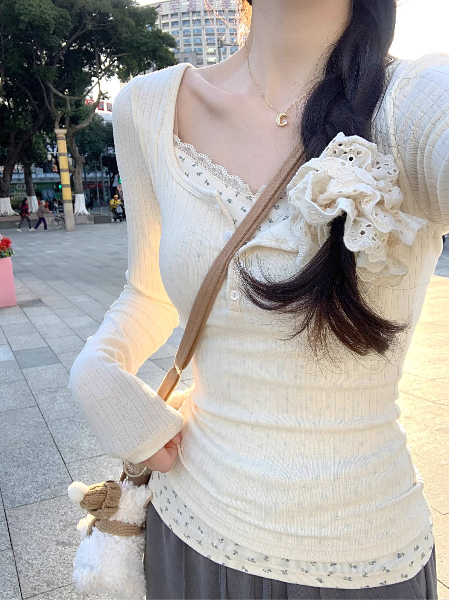 純欲bm風蕾絲假兩件打底衫女秋冬季法式高級感保暖內搭甜辣妹上衣