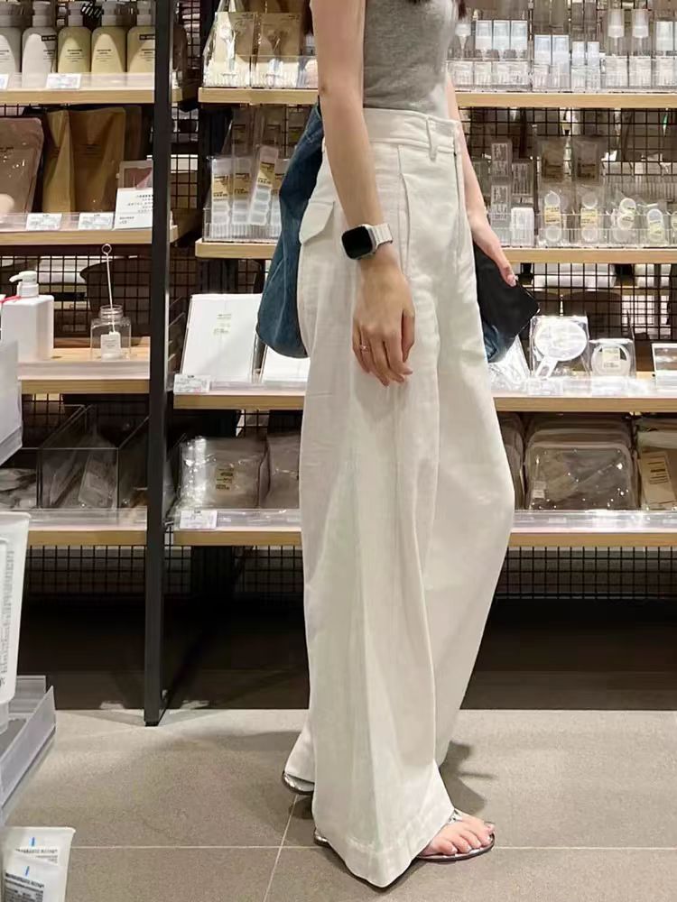 2024 early summer new style small white cotton and linen wide leg pants high waist drape slim straight casual pants women's clothing