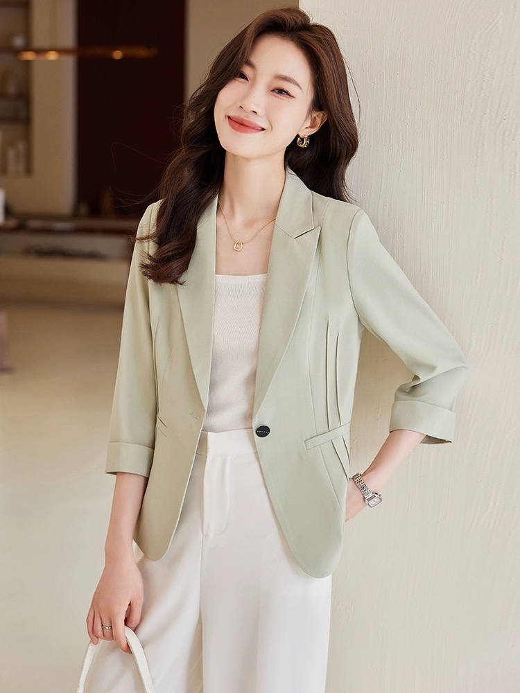 MY6810# 绿色西装外套女职业上衣春季新款女神范气质设计感短款通勤小西...