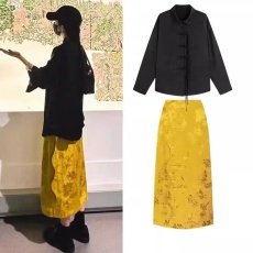 批发<b class='q'>杨幂</b><b class='q'>同款</b>丝棉提花老缎子波浪边直筒长半裙中式夏日多巴胺提花裙23