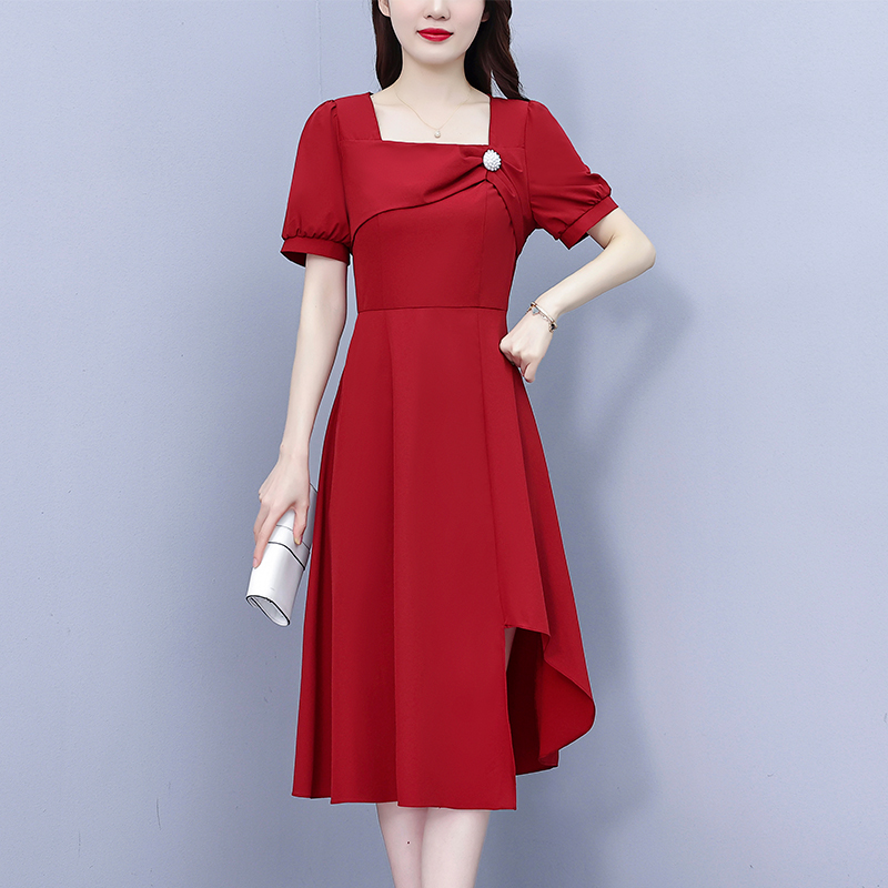 PF4450#大码女装连衣裙2024夏季新款红色中长款气质修身显瘦裙子女裝...