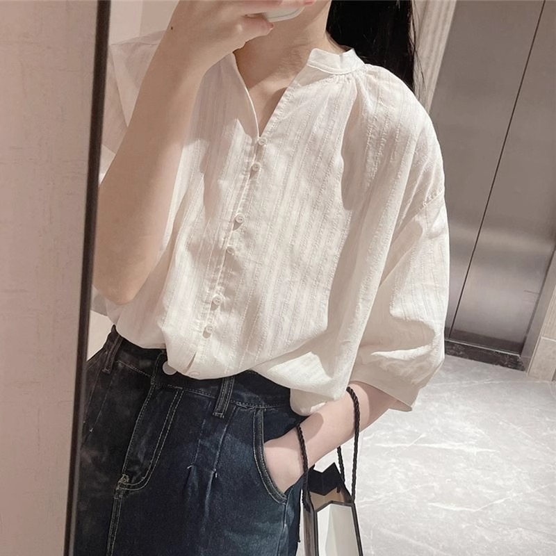 French mid-sleeve white shirt top, spring and autumn new style, chic and fashionable shirt